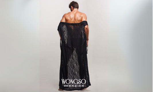 Model showing his back in WONGSO’s Batik Sleeveless Kimono, embodying gender-fluid fashion and bold self-expression.