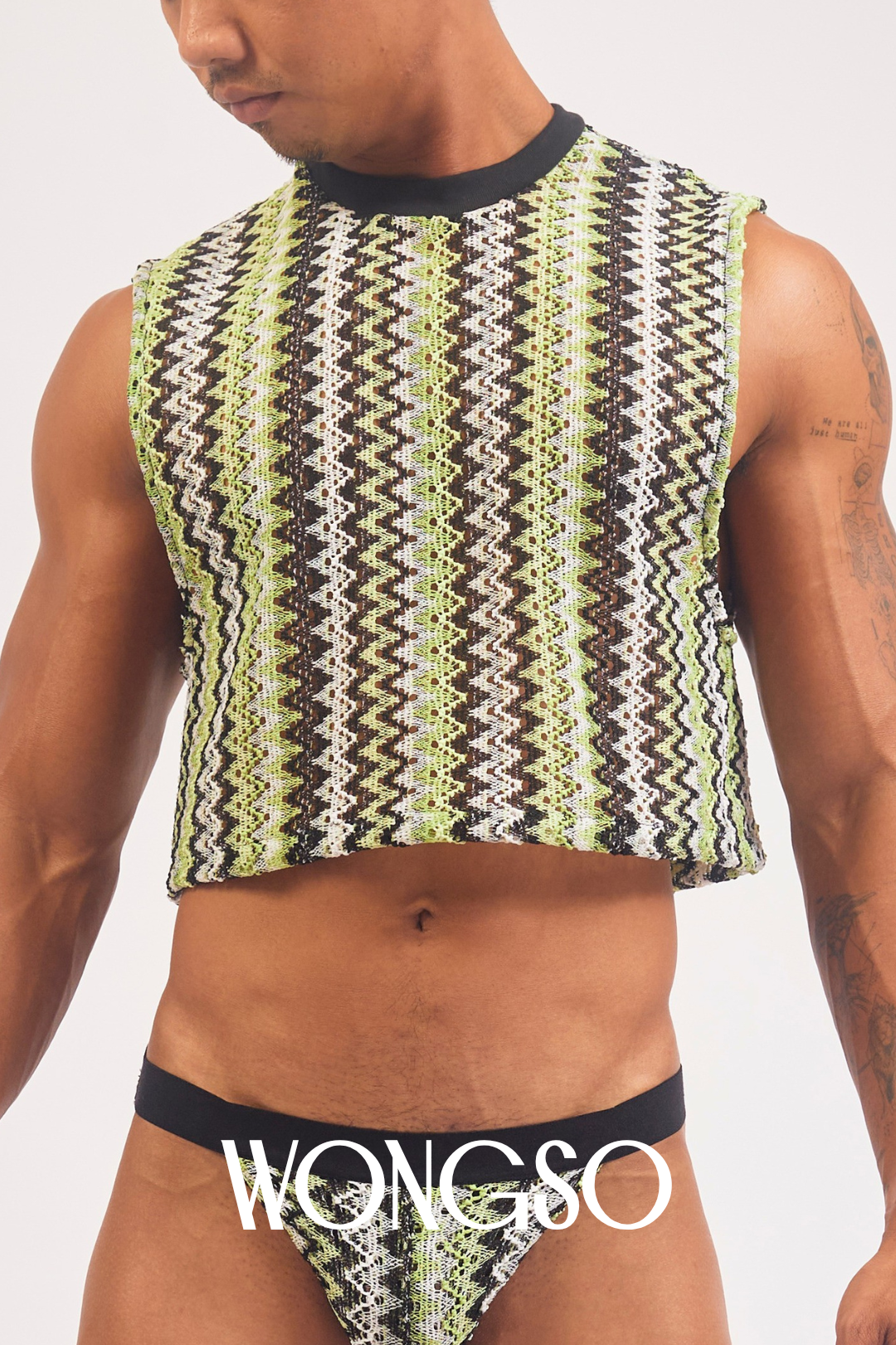 Front view of men’s ribbed green crop top