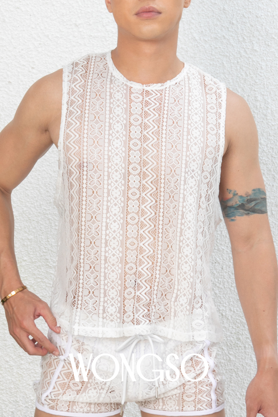 White sheer tank top for men – lightweight lace design by WONGSO