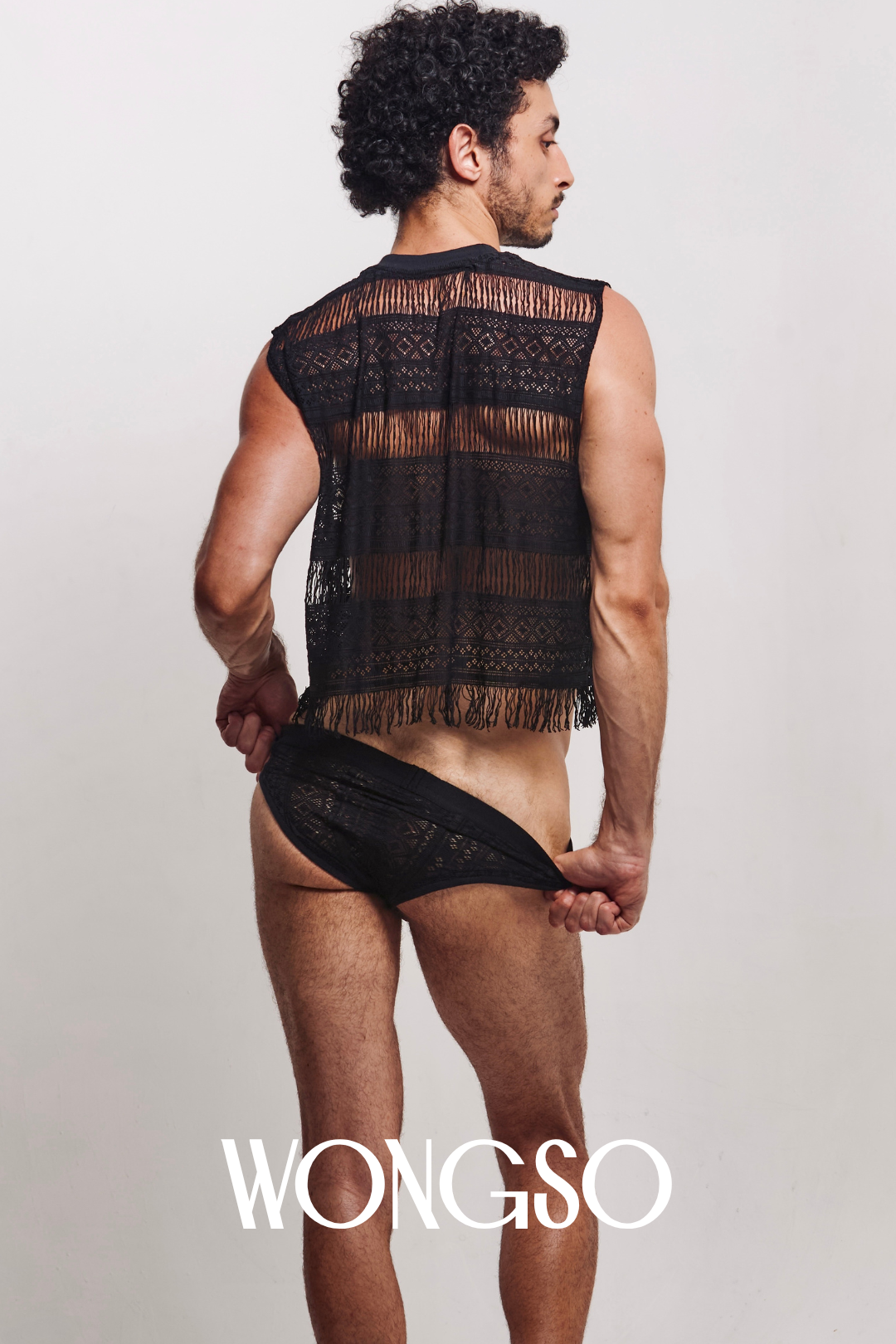 Back view of the fringe mesh top highlighting transparency