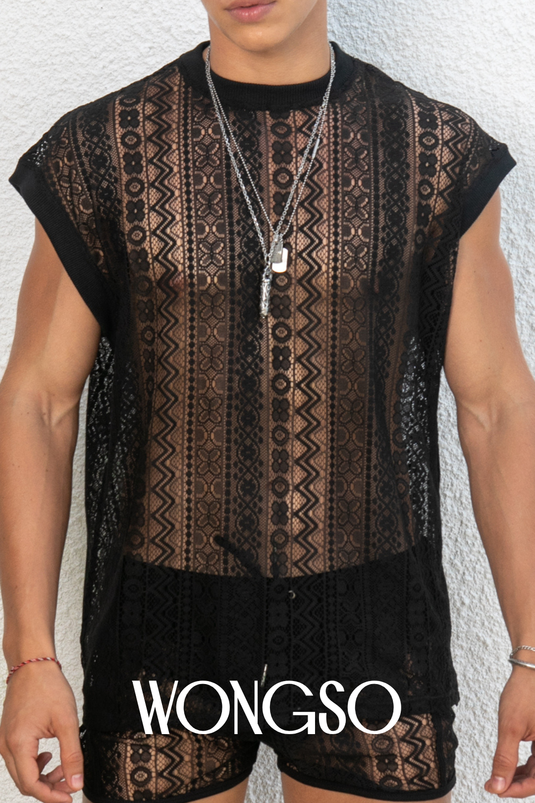 Queer fashion black sleeveless lace shirt – sexy sheer shirt for men