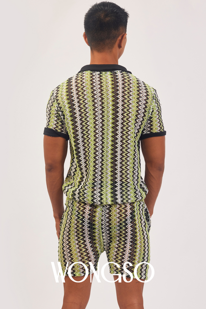 Close-up of green knit polo shirt for men – queer summer layering essential by WONGSO