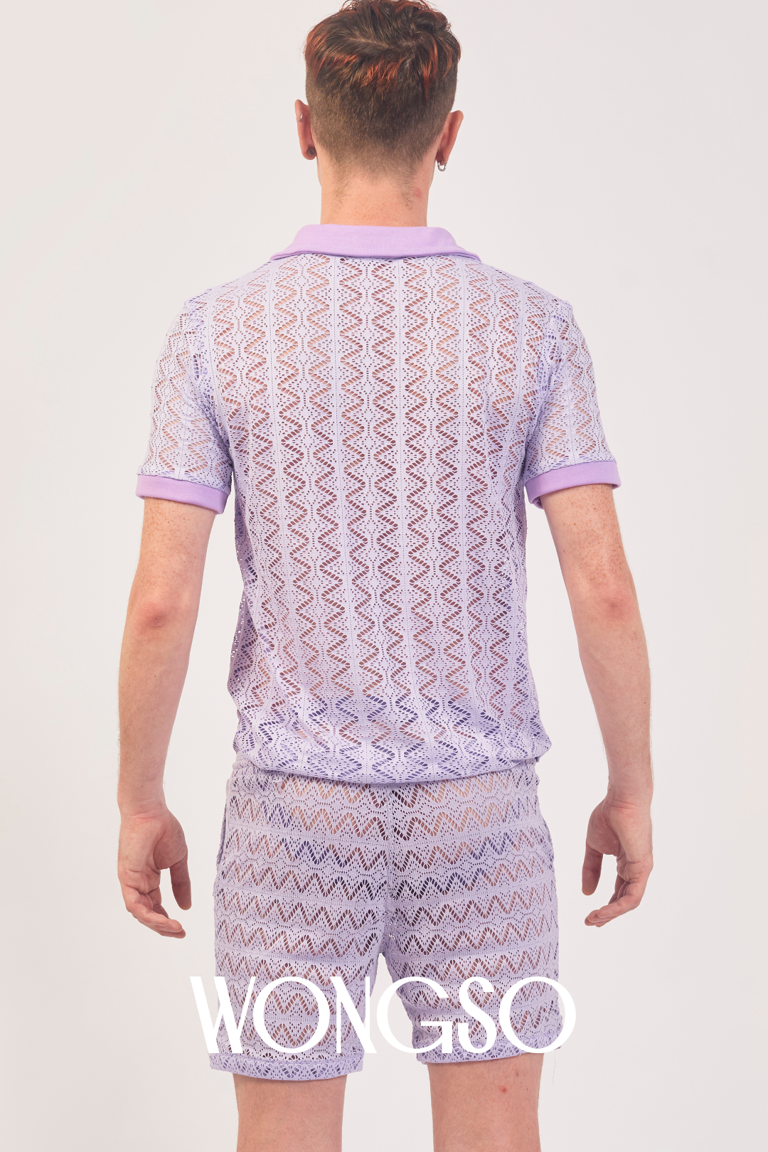 WONGSO Boheme Lace Polo Shirt in lilac, perfect for gay pride, nightlife, or loungewear