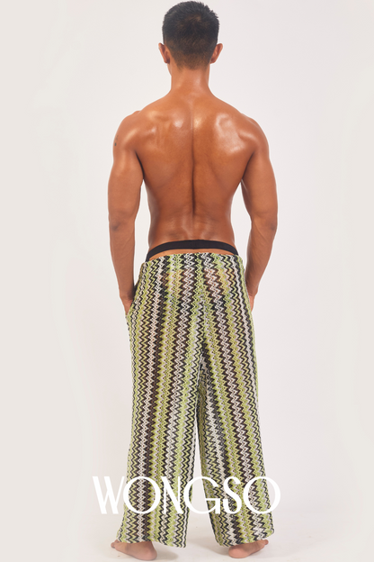 Back view of wide leg knit pants on male model