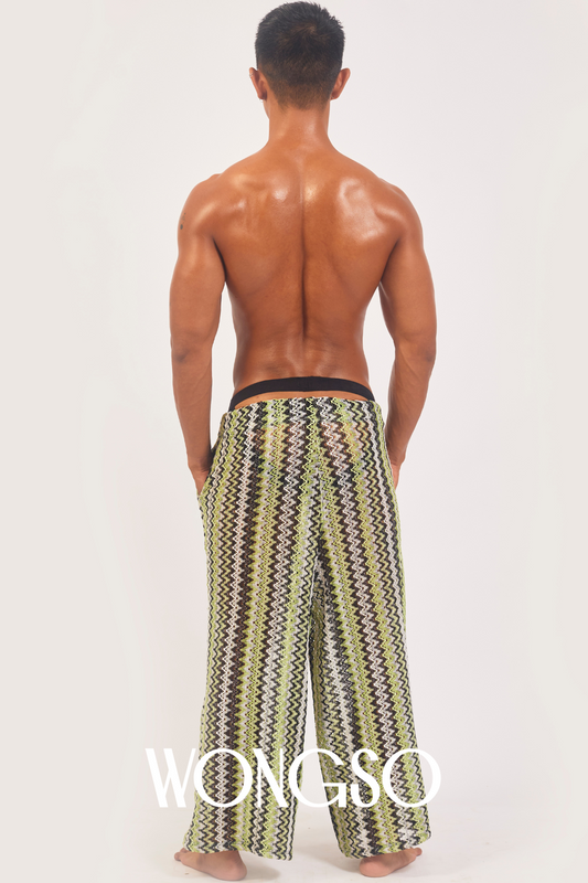 Back view of wide leg knit pants on male model