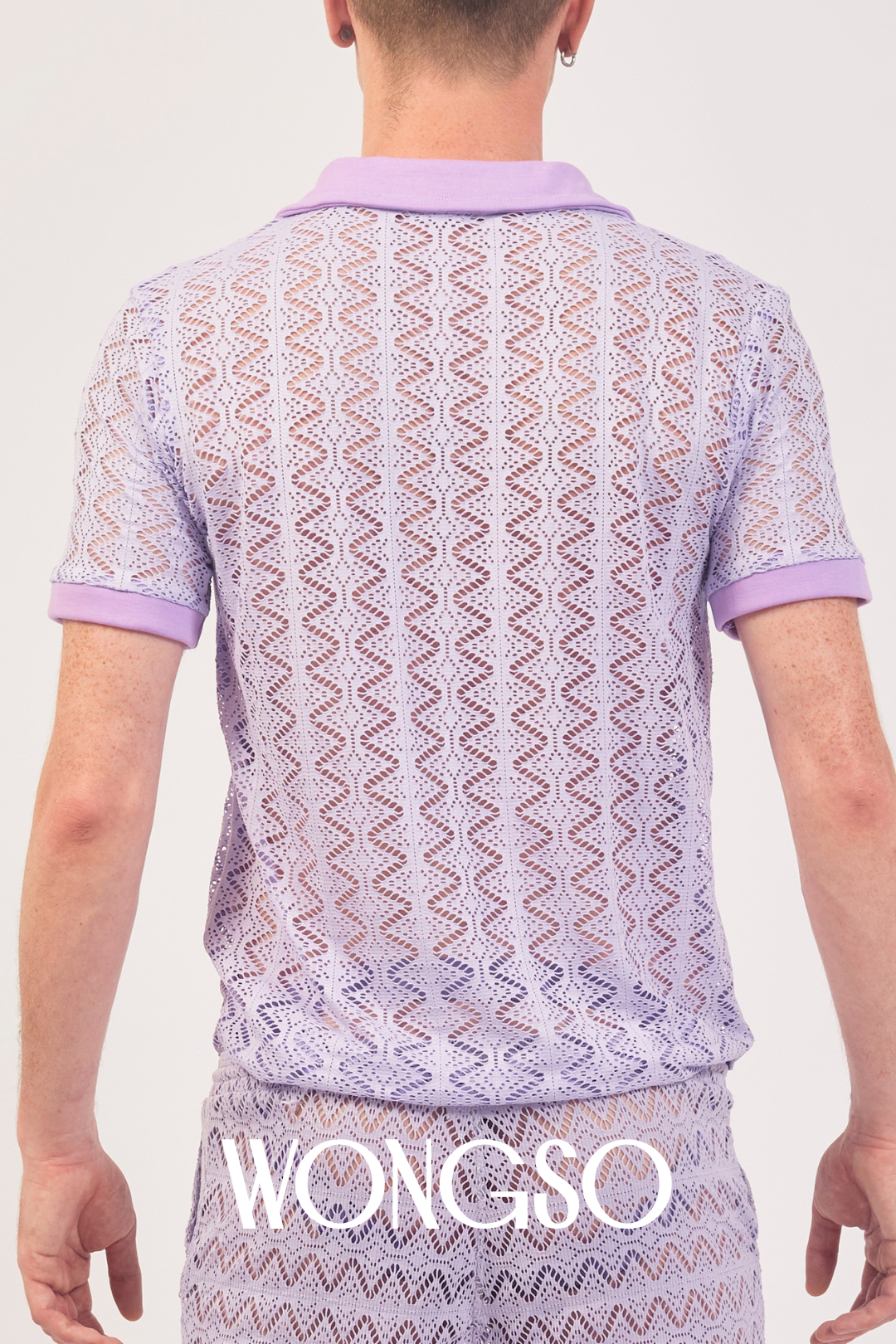 See-through lace polo for men in lilac, styled for summer festival or pride looks