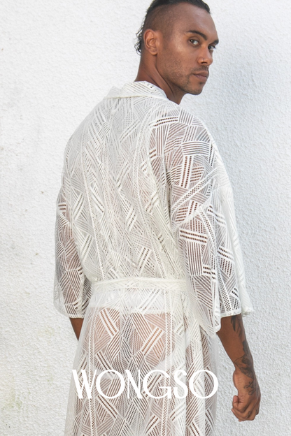  Model dancing in sheer geometric kimono – lightweight layering for men
