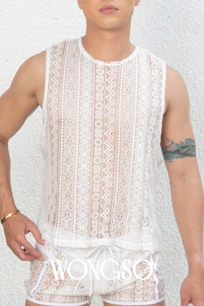White sheer tank top for men – lightweight lace design by WONGSO