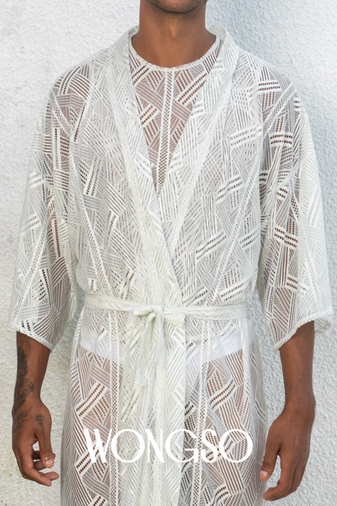 Long flowy lace kimono with abstract geometric pattern – queer festival outfit