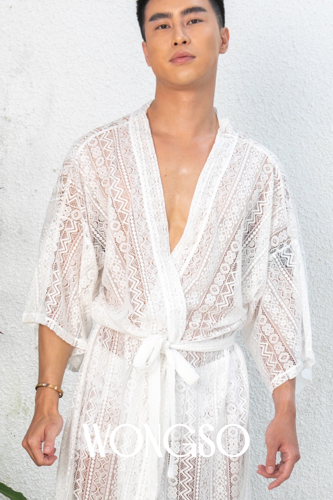 White lace kimono for men styled over sheer WONGSO briefs – sensual loungewear