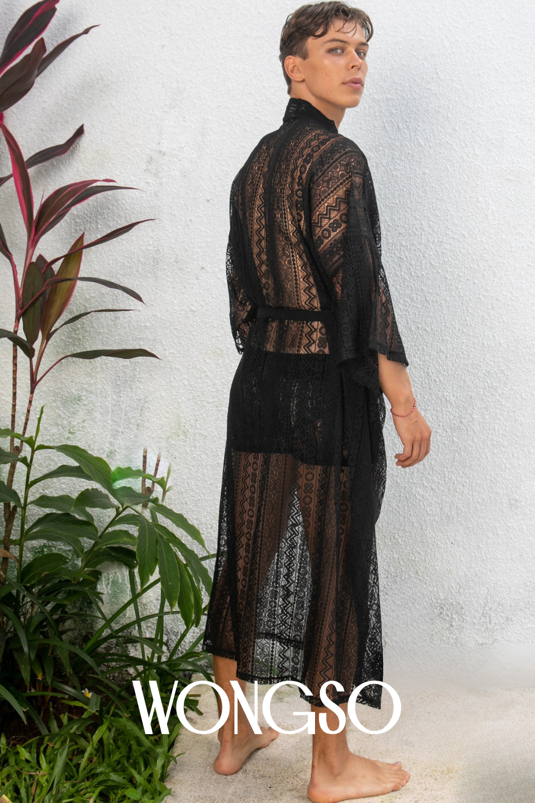 WONGSO model in long black lace kimono and jockstrap – edgy queer style