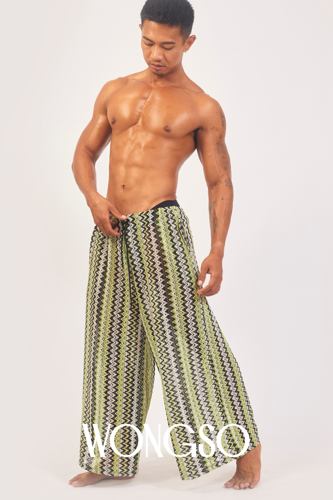 Men’s green knit wide leg pants front view