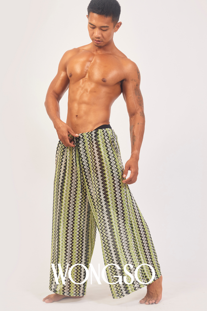 Men’s green knit wide leg pants front view