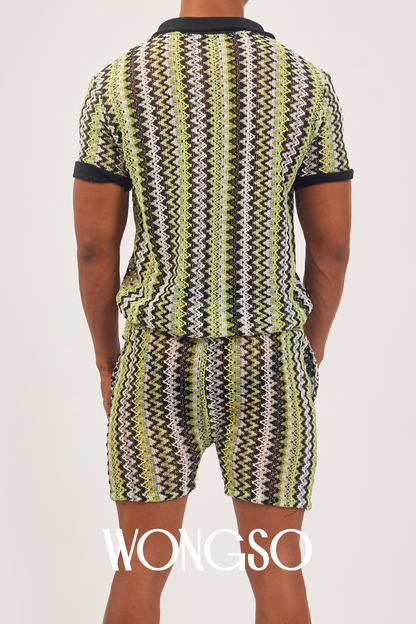 WONGSO men’s sheer knit shorts in green styled for pride