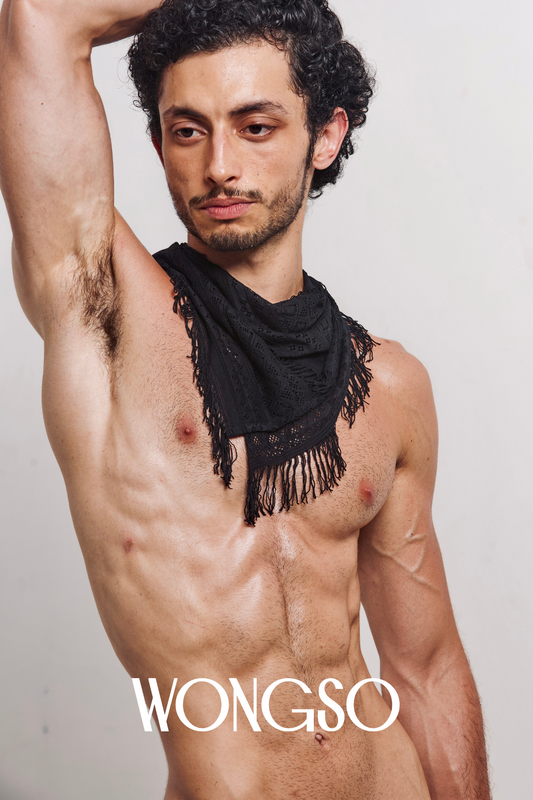 Fringe Black Lace Bandana for men worn as neck scarf