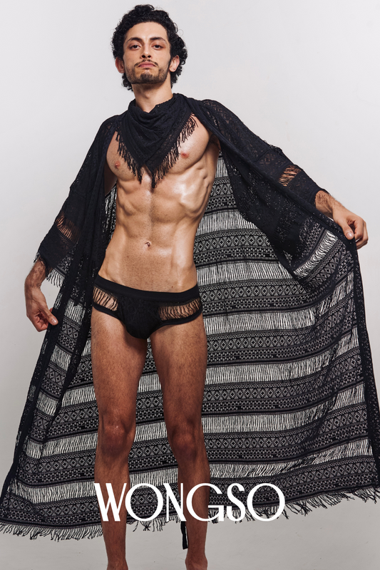 Model in Fringe Black Lace Robe standing – men's festival robe