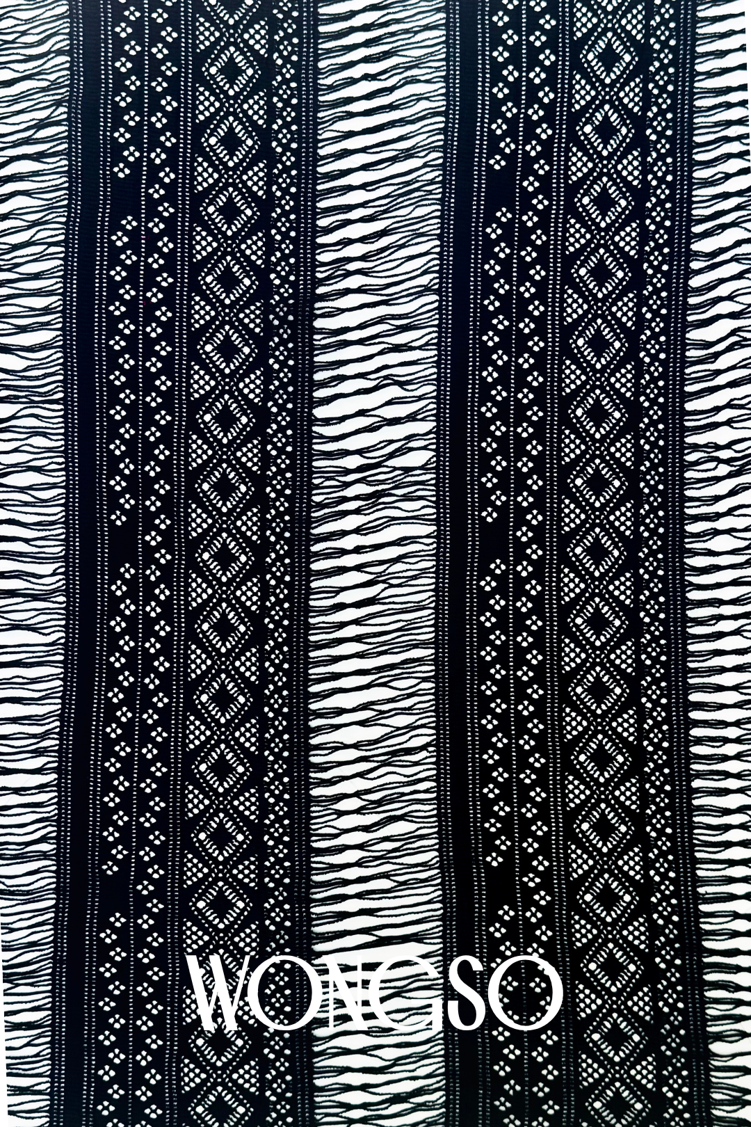 Close-up of black fringe detailing on men's sarong wrap