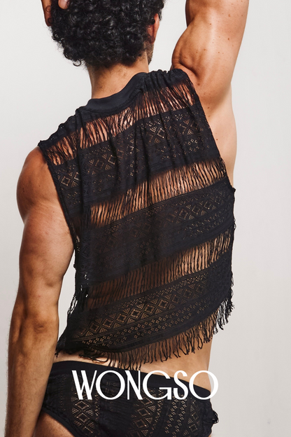 Fringe mesh tank styled with WONGSO lace briefs