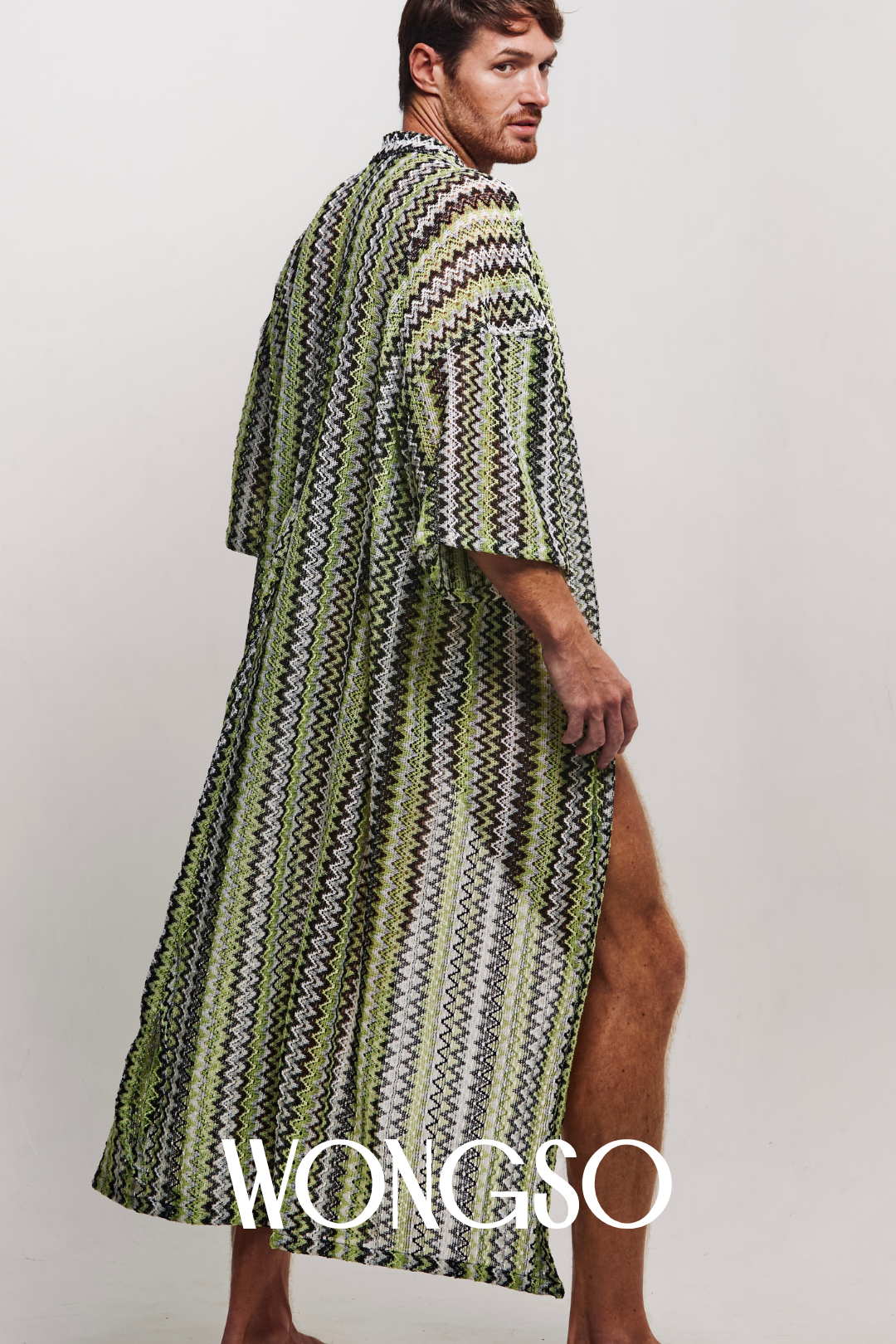Model wearing green knit kimono